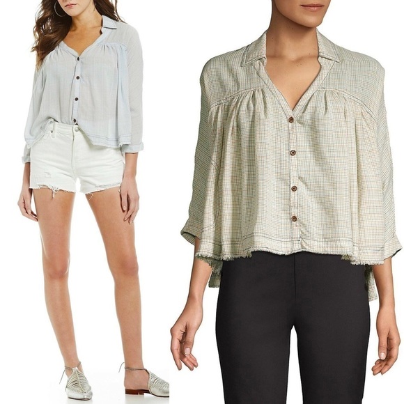 NWT FREE PEOPLE Rainbow Plaid Oversized Button Up Pleated Cropped Prairie Top S - Picture 2 of 13